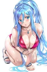 alternate_costume aoki_hagane_no_arpeggio bare_arms bare_shoulders bent_over bikini bikini_pull blue_eyes blue_hair blurry bracelet breasts cleavage cleavage_pull clothes_pull depth_of_field feet female frown hair_between_eyes halterneck highres jewelry large_breasts legs long_hair looking_at_viewer mole mole_under_mouth nagayori nail_polish necklace parted_lips pink_bikini pink_nails ponytail pulled_by_self red_bikini sandals sidelocks simple_background solo squatting string_bikini swimsuit takao_(aoki_hagane_no_arpeggio) thighs toenail_polish toenails toes very_long_hair white_background