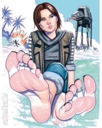 1female 1girls arched_soles barefoot beach black_nail_polish black_nails black_toenail_polish black_toenails brown_hair feet female female_only foot_fetish foot_focus fully_clothed green_eyes jyn_erso lucasfilm painted_nails painted_toenails pink_soles scott_blair soles star_wars toenail_polish toenails toes wet_feet wrinkled_soles