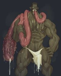 1boy abs balls bara body_hair body_horror boner diphallia diphallism erection facial_hair huge_muscles huge_tongue loincloth long_tongue macomuchi male male_focus male_only multi_penis muscles muscular muscular_male nipple_piercing penis penis_tongue piercing pointy_ears scars sharp_teeth solo solo_focus solo_male tongue unusual_anatomy unusual_genitalia_placement unusual_penis unusual_penis_placement unusual_tongue