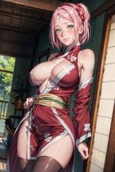 1girls ai_art_panwho ai_generated alternate_breast_size boruto:_naruto_next_generations breasts female green_eyes haruno_sakura large_breasts light-skinned_female light_skin looking_at_viewer naruto naruto_(series) pink_hair revealing_clothes sakura_haruno short_hair stable_diffusion thighs