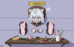 1girls bastinado bondage cat_ears clenched_hand drooling feet female female_only foot_fetish foot_focus gag hunter_x_hunter kolliart neferpitou no_sex solo stuck_in_wall tears text thought_bubble whip_marks white_hair worried_expression