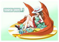 3boys animal bare_legs barefoot breasts brown_hair charizard clothes clothes_lift creatures_(company) crossed_legs eye_contact feet feet_up female female_focus foot_fetish foot_focus foot_play foot_up footwear game_freak gen_1_pokemon green_background hat ivysaur kobayashi_tetsuya large_breasts legs long_hair long_legs looking_at_another looking_at_viewer multiple_boys nintendo pokemon pokemon_(game) pokemon_(species) pokemon_frlg red_eyes shoes shoes_removed simple_background skirt skirt_lift smirk socks socks_removed soles squirtle super_smash_bros. thighs toes wallpaper