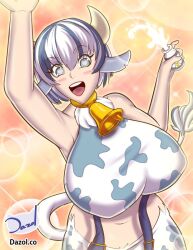 bell bell_collar big_breasts cow_ears cow_girl cow_print dazol headpat heart-shaped_pupils holstaurus holstaurus_(monster_girl_encyclopedia) horns huge_breasts large_breasts milk monster_girl monster_girl_encyclopedia multicolored_hair tagme