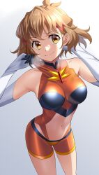 absurdres adjusting_clothes bike_shorts bodysuit breasts breath elbow_gloves female gloves hair_ornament hairclip highres impossible_clothes large_breasts leotard light_brown_hair navel nyanmaru orange_eyes senki_zesshou_symphogear shiny_clothes shiny_skin short_hair solo sweat tachibana_hibiki_(symphogear) white_gloves