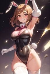 1girls ai_generated big_breasts brown_eyes brown_hair bunnysuit clothing female female_only headband hourglass_figure light-skinned_female light_skin looking_at_viewer my_hero_academia ochako_uraraka patton playboy_bunny rabbit_headband short_hair voluptuous voluptuous_female