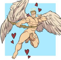 all_saints_street balls bara big_balls big_penis blush boner bow_(weapon) erection feathered_wings halo heart hoybarartist lynn_angel male male_only muscles muscular nude penis solo solo_male valentine's_day wings