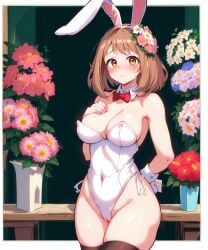 1girls ai_generated big_breasts brown_eyes brown_hair bunnysuit clothing easter female female_only flower headband hourglass_figure light-skinned_female light_skin looking_at_viewer my_hero_academia ochako_uraraka playboy_bunny rabbit_headband short_hair voluptuous voluptuous_female winnie_kuma