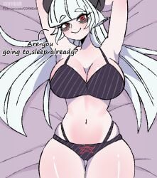 1girls baphomet baphomet_(grizz) bed blush bra cleavage corngak demon demon_girl hands_behind_head helltaker laying_on_back long_hair pale-skinned_female panties patreon_link patreon_url patreon_username red_eyes thick_thighs watermark white_hair