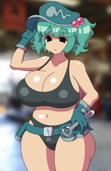 1girls belt belt_pouch big_breasts blurry_background borrowed_character borrowed_design cleavage cyan_hair gloves hat light-skinned_female nitori_kawashiro nono_(notnoe) sazanami_breaker tank_top thick_ass thick_thighs thong touhou twintails wrench