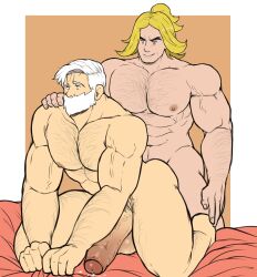 anal anal_sex balls bara beard big_balls big_penis body_hair boner drayden erection facial_hair gay hassel_(pokemon) hoybarartist male male_only muscles muscular nintendo nude penis pokemon sex white_hair