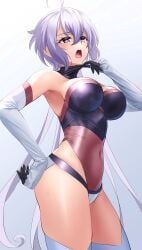 absurdres ahoge armpit_peek bare_shoulders black_leotard blush breasts covered_navel elbow_gloves female gloves hand_on_own_hip highres large_breasts leotard long_hair multicolored_leotard nyanmaru open_mouth purple_eyes purple_hair red_leotard senki_zesshou_symphogear simple_background solo standing sweat thighhighs twintails white_gloves white_thighhighs yukine_chris