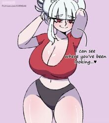 1girls big_breasts blush cleavage corngak demon demon_girl helltaker horns lavender_background lucifer_(helltaker) pale-skinned_female panties patreon_link patreon_url patreon_username red_eyes shirt talking_to_viewer text thick_thighs underwear watermark