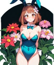 1girls ai_generated big_breasts brown_eyes brown_hair bunnysuit clothing easter female female_only flower headband hourglass_figure light-skinned_female light_skin looking_at_viewer my_hero_academia ochako_uraraka playboy_bunny rabbit_headband short_hair voluptuous voluptuous_female winnie_kuma