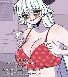 1girls baphomet baphomet_(grizz) bed blush bra cleavage corngak demon demon_girl grin helltaker horns long_hair mythology pale-skinned_female patreon_link patreon_url patreon_username public_domain red_bra red_eyes text watermark white_hair