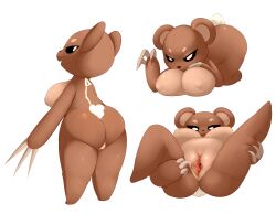 animate_inanimate anthro ass bear big_breasts black_sclera breasts brown_body claws countershade_torso countershading female fluffolio genitals hi_res living_plushie looking_back lying mammal multiple_poses on_back on_front on_knee plushie pose presenting presenting_breasts presenting_hindquarters presenting_pussy pupils pussy rear_view short_stack solo spread_legs spread_pussy spreading standing tail tail_tuft teddy_bear teddy_bear_(species) thick_thighs tuft white_pupils wide_hips zipper