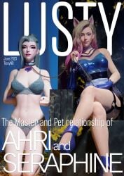 3d 9_tails ahri bondage collar female femdom k/da_all_out_ahri k/da_all_out_seraphine k/da_all_out_series league_of_legends leash leash_and_collar lingerie magazine magazine_cover nine_tailed_fox petplay seraphine_(league_of_legends) submissive tipsynd underwear vastaya