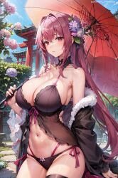 1girls ai_generated breasts cleavage fate/grand_order fate_(series) female huge_breasts kotori_tenyaya light-skinned_female light_skin outdoors purple_hair red_eyes scathach_skadi stable_diffusion stockings