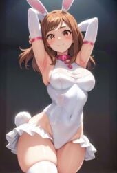 1girls ai_generated big_breasts brown_eyes brown_hair bunnysuit clothing female female_only headband hourglass_figure light-skinned_female light_skin looking_at_viewer my_hero_academia ochako_uraraka patton playboy_bunny rabbit_headband short_hair voluptuous voluptuous_female