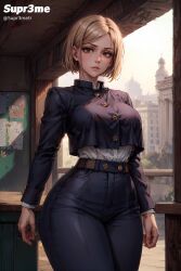 1girls ai_generated big_breasts brown_eyes brown_hair cowboy_shot curvaceous curvy curvy_body curvy_female curvy_figure female female female_only jujutsu_kaisen kugisaki_nobara looking_at_viewer pants school_uniform small_waist solo solo_female solo_focus supr3metr voluptuous voluptuous_female wide_hips