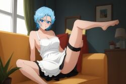 ai_generated bleach blue_eyes blue_hair blush exposed_pussy genderswap_(mtf) grimmjow_jaegerjaquez leg_up looking_at_viewer naked_apron pussy rule_63 smile