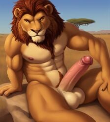 abs ai_generated anthro areola areolae balls barazoku brown_eyes glans lion male mane muscular_anthro muscular_male navel nipples penis pubes riseflux rock savanna savannah sitting smirk whiskers