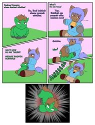 above_average_crotchboobs absurd_res arisenleaf baby_talk brown_body brown_fur brown_hair crotchboobs dialogue duo english_text female feral fluffy_pony fur green_body green_fur hair hi_res male purple_hair red_eyes suplex text