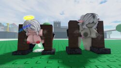 2girls 3d after_sex after_vaginal angel angel_halo ass big_breasts bondage breasts cum cum_inside darriel_(artist) female halo nipples restrained roblox robloxian stuck tagme trap