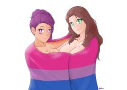 2girls bare_shoulders bisexual bisexual_pride_colors braid braided_ponytail brown_hair cleavage collarbone completely_nude dark-skinned_female dark_skin dorothea_arnault dropping enbu female female_only fire_emblem fire_emblem:_three_houses flag flashing green_eyes group_hug holding hug large_breasts long_hair looking_at_viewer medium_breasts multiple_girls naked_flag naked_towel nintendo nude nude_female petra_macneary pride purple_eyes purple_hair shoulders smile towel white_background yuri