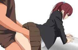 1boy 1girls all_fours ass clothed clothed_sex clothing doggy_style doggy_style doggy_style_position free! from_behind from_behind_position matsuoka_gou mr_trace_mosha ponytail red_hair school_uniform sex skirt skirt_lift skirt_up straight torso_grab