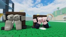 2girls 3d after_sex after_vaginal angel angel_halo ass big_breasts bondage cum cum_inside darriel_(artist) female gangbang halo nipples pillory public_use restrained roblox robloxian stuck tagme