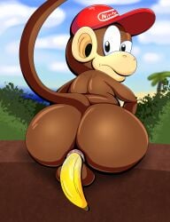 absurd_res anal anal_sex anus ass balls banana beach clothing diddy_kong donkey_kong_(series) food fruit genitals haplorhine hat headgear headwear hi_res looking_at_viewer looking_back lube male male_only mammal monkey nintendo nude object_in_ass penetration plant primate seaside sitting solo tail tepigfan101