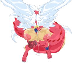 2022 absurd_res alpha_channel anthro big_breasts blonde_hair bodily_fluids breast_expansion breasts claws closed_eyes clothing digital_media_(artwork) dragon english_text expansion feathered_wings feathers female freebird11 genital_fluids hair hi_res huge_breasts hyper hyper_breasts long_tail nipples pussy_juice shaking simple_background solo tail text torn_clothing transparent_background trembling wings