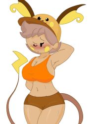 big_breasts blush brown_shorts chanceslow confused confused_look gym_clothes latina oc orange_shirt pokemon raichi_(chanceslow) sweat thick_thighs