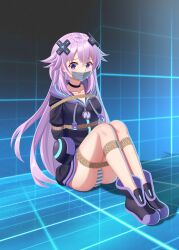 adult_neptune ankle_boots arms_behind_back bondage choker closed_mouth clothed d-pad_hair_ornament female helpless jacket light-skinned_female light_skin long_hair looking_away neptunia_(series) pale-skinned_female pale_skin panties pink_hair purple_eyes restrained rope_bondage solo taped_mouth thighs wo_cao_xiao