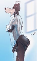 absurd_res anthro bodily_fluids body_hair butt_hair clothing disney genital_fluids goofy goofy_(disney) hi_res jackiry leaking_precum looking_at_viewer looking_back male male_only precum pubes smile solo undressing