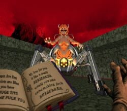 book chaingun demon demon_girl demon_humanoid doom doom_(1993) doom_slayer_(doom) doomguy female female_focus gameplay_mechanics gameplay_screenshot hdoom hdoomguy humanoid larger_female pov red_background robotic_legs size_difference spider_mastermind_(doom) topless_female