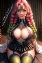 1girls ai_generated big_ass big_breasts big_butt demon_slayer female green_eyes kanroji_mitsuri kimetsu_no_yaiba pink_hair realistic space_o_space stable_diffusion