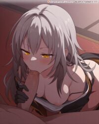 1boy animated bare_shoulders black_gloves black_jacket blinking blush bra bra_pull breasts closed_mouth clothes_pull collarbone erection female gloves grey_hair hair_between_eyes honkai:_star_rail honkai_(series) jacket long_hair long_sleeves nipples one_breast_out open_mouth penis shirt solo_focus stelle_(honkai:_star_rail) straight trash_can uncensored underwear waero white_shirt yellow_eyes