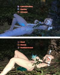 2023 au_ra blue_nipples blush blushing_at_viewer caught_in_the_act caught_masturbating cev_(xiv) cev_rosa debuff english english_text exclamation_point female_focus female_masturbation female_only final_fantasy final_fantasy_xiv fingering fingering_self gameplay_mechanics gpose(ffxiv) green_eyes horns large_breasts long_hair looking_at_viewer masturbation nipples outdoor_masturbation outdoors pleasure_face ponytail scales squirting status_effect unusual_cum white_hair