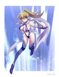 accessory alexis_rhodes alternate_costume armwear blonde_hair brown_eyes cosplay cya_mg earrings gloves hi_res huge_breasts legwear navel ponytail scarf smile solo tenjouin_asuka yu-gi-oh! yu-gi-oh!_gx