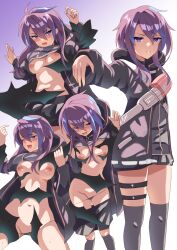 breasts clothes_lift eiyuu_densetsu falcom female groping highres hood hood_down hoodie jacket jolda_(kuro_no_kiseki) kuro_no_kiseki kuro_no_kiseki_ii long_sleeves looking_at_viewer medium_breasts molestation multicolored_hair mussyu_danachan open_clothes open_mouth purple_eyes purple_hair shirt_lift simple_background skirt sweatdrop thigh_strap thighhighs thighs