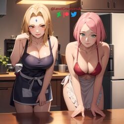 2girls ai_generated apron bent_forward bent_over_table big_breasts blonde_female blonde_hair blush breasts brown_eyes cleavage female female_only forehead_jewel green_eyes hand_on_table haruno_sakura lewdcreationsai looking_at_viewer mommy multiple_girls naruto naruto_(series) naruto_shippuden pink_hair sakura_haruno teacher_and_student thighs tsunade waist_apron