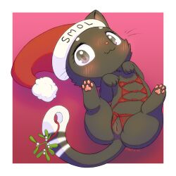 2022 2d 2d_(artwork) anus black_body black_fur blush border christmas christmas_clothing christmas_headwear clothed clothed_feral clothing domestic_cat english_text felid feline felis female feral fur genitals gradient_background grey_eyes hat headgear headwear hi_res holidays humanoid_genitalia humanoid_pussy kemono lingerie lingerie_on_feral looking_at_viewer lying mammal mistletoe mistletoe_on_tail multi_nipple nipples on_back pawpads pink_pawpads plant pussy pyritie santa_hat signature simple_background solo text text_on_clothing text_on_hat text_on_headwear white_border