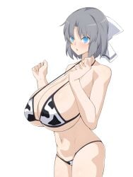 1girls bikini blue_eyes blush bow bow_in_hair breast cleavage cow_print female female_only grey_hair hair_ribbon huge_breasts looking_at_viewer nanashi_maru senran_kagura solo thighs yumi_(senran_kagura)