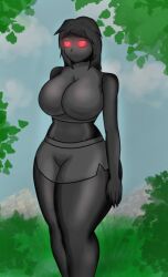 1girls black_clothes black_hair featureless_breasts isle_(roblox) large_breasts looking_at_viewer monster_(isle) red_eyes roblox roblox_game robloxian shift_bloxx tagme thick_thighs