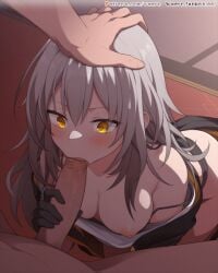 1boy 2d 2d_(artwork) animated bare_shoulders black_gloves black_jacket blinking blush bra bra_pull breasts closed_mouth clothes_pull collarbone erection fellatio female gloves grey_hair hair_between_eyes hand_on_another's_head honkai:_star_rail honkai_(series) jacket long_hair long_sleeves nipples one_breast_out open_mouth oral penis shirt solo_focus stelle_(honkai:_star_rail) straight trash_can uncensored underwear waero white_shirt yellow_eyes