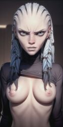 ai_generated alien_girl areola blue_eyes blue_hair braided_hair breasts grey_lips gwyndala half-dressed humanoid mad midriff nipples pale_skin puffy_nipples ribs scowl scowling scowling_at_viewer skinny star_trek star_trek_prodigy vau_n'akat_(species)