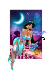 1girls aladdin arabian belly_dancer belly_dancer_outfit black_hair cleavage disney disney_princess genie_lamp harem_girl harem_outfit harem_pants large_breasts long_hair looking_at_viewer princess_jasmine royalty voluptuous