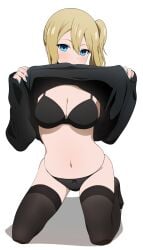 1girls accurate_art_style aqua_eyes aqua_nails big_breasts black_bra black_legwear black_panties blonde_hair blue_eyes blush bra breasts chest cleavage coro_fae covering_mouth dress dress_lift female female_only flashing hayasaka_ai highres kaguya-sama_wa_kokurasetai_~tensai-tachi_no_renai_zunousen~ kneeling legwear lifting_clothing light-skinned_female looking_at_viewer nail_polish navel official_style panties presenting presenting_cleavage seductive side_ponytail solo stockings sweater sweater_lift thick_thighs thighhighs thighs underwear waist white_background