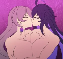 2girls bangs black_hair breast_squish breasts_to_breasts bronya_rand closed_eyes dragonbreaker duo duo_female earrings grey_hair holding honkai:_star_rail honkai_(series) huge_breasts kissing long_hair looking_at_partner multicolored_hair nude nude_female purple_eyes seele_(honkai:_star_rail) symmetrical_docking yuri